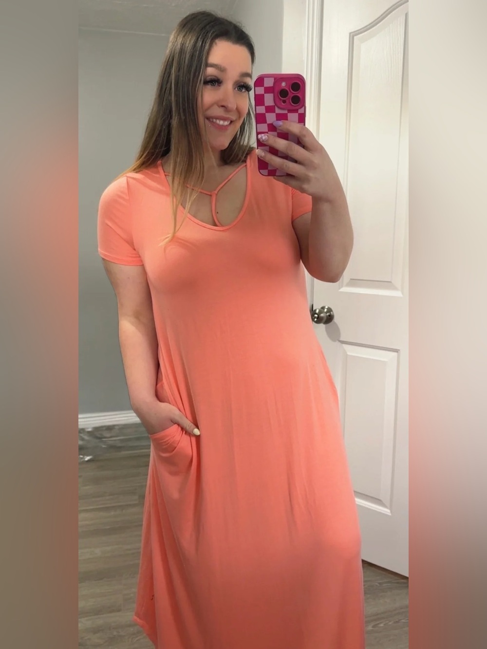 Women's Coral Short-Sleeve Maxi Dress with T-S-strap Detail